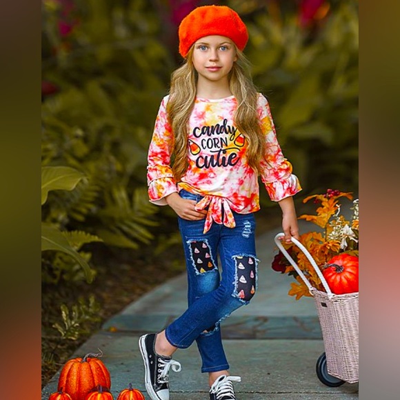 NEW Girls Sz 6 Orange 'Candy Corn Cutie' Flare-Sleeve Top Jeans Fall Halloween - Picture 1 of 10